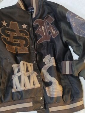 Men's Black & Brown Varsity Bomber Jacket with Graphic Patches